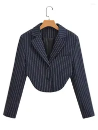 Women's Suits Women Cropped Dark Blue Blazers Striped Single Breasted Coat Short Jackets