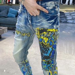 Men's Jeans Autumn Winter Fashion Personalised Graffiti Slim Fit Elastic High Street Men Colourful Trend Versatile Leggings