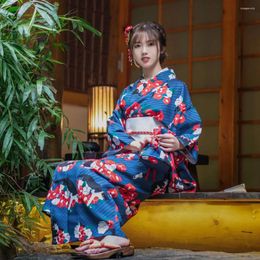 Ethnic Clothing Women's Japanese Style Traditional Kimono Blue Color Lovely Kitten Prints Classic Yukata Stage Performing Dress Cosplay Wear