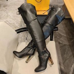New Black genuine leather high heels boots Round Head Strap Boots metal hollowed out carved heel Motorcycle boots sexy side zipper Fashion Boots