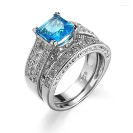 Cluster Rings Couple White Gold Plated Princess Cut Blue Aquamarine Cubic Zirconia Engagement Wedding Ring Set