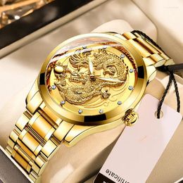 Wristwatches Top Brand Watch Men's Waterproof Luminous Gold Quartz Ultra Thin Stainless Steel Dragon Pattern Sports Relogio Masculino