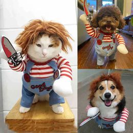 Dog Apparel Pet Cat Halloween Clothes Holding A Knife Halloween Christmas Costume Bib Pants for Cats Pet Party Cosplay 231030