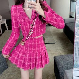 Work Dresses Ladies Rose Plaid Tweed Short Cropped Jacket Two Piece Set Autumn Women Notched Collar Coat High Waist Pleated Mini Skirt Suit