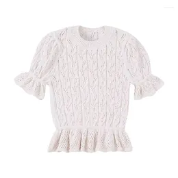 Women's Blouses 2023 Summer Temperament Round Neck Trumpet Sleeves Folds Hollow Thin Knitted T-shirt Tops
