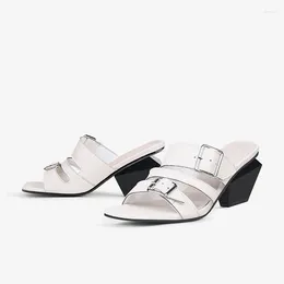 Sandals Metal Buckle Straps Decoration Slip On Peep Small Square Toe 8cm High Special Heels Concise Breathable Women Shoe HL539 MUYISEXI