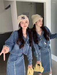 Work Dresses Autumn Fashion Women Suit Retro Ragged Denim Short Coat Top High Waist Split Half Long Skirt Set Two Piece Outfits