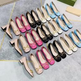 Women's fashion shoes fashion shoes leather metal buckle ladies high-heeled boat shoes leather high-heeled shoes square thick with 100% leather shoes.