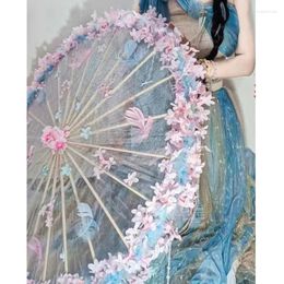 Umbrellas Antique Hanfu Flower Waterproof Beach Lace Umbrella Feather Lolita Streamer Aesthetic Atmosphere Cosplay Yarn Parasol