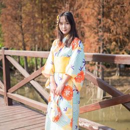 Ethnic Clothing Women's Yukata Traditional Japan Kimono Robe Pography Dress Cosplay Costume Yellow Color Floral Prints Vintage