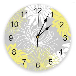 Wall Clocks Dahlia Yellow White Flower Round Clock Creative Home Decor Living Room Quartz Needle Hanging Watch