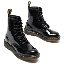 Boots 2023 Bright Black Leather Women Casual Boot Streetwear Motorcycle Couple Fashion Unisex Flat Shoes Men Booties