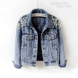 23 Italian Designer Exports Cut Label Denim Jacket Long Sleeve Fashion Heavy Industry Nail Beaded Loose Top for Women