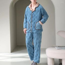 Men's Sleepwear Men Winter Loungewear Jacquard Solid Colour Pyjamas Plush Warm Coat Coral Fleece Pants Set For Cosy