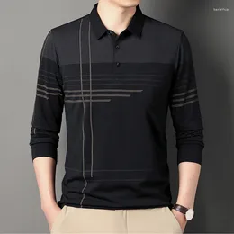 Men's Polos Clothing 2023 Spring Autumn Trendy Striped Polo Collar Shirt Business Casual Long Sleeve Tops Male Pocket Button T-shirts