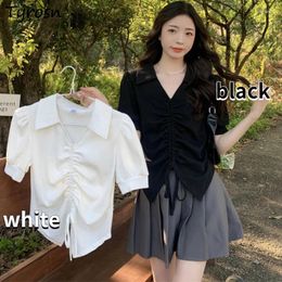 Women's T Shirts Bandage T-shirts Women Retro Crop Design All-match Turn-down Collar Korean Style Trendy Leisure Puff Sleeve Summer Ladies