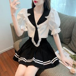 Work Dresses Summer Sweet Women Suits Skirt Sets Sailor Collar White Shirt With Tie Pleated Black Two Piece Womens Outfits