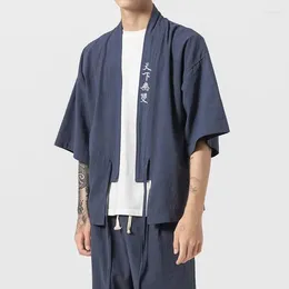 Ethnic Clothing 4 Colors Japanese Fashion Cotton Linen Kimono Shirt Yukata Men Samurai Text Embroidered Jacket Cardigan Online Chinese Store