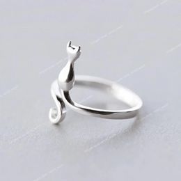 Silver Colour New Trendy Cute Cat Engagement Rings for Women Couple Elegant Simple Handmade Jewellery Adjustable Fashion JewelryRings Jewellery Accessories