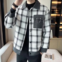 Men's Jackets Autumn/Winter Men Slim Fit Heavy Wool Plaid Long Sleeve With Polo Collar Top For Fashion Casual Coat M-3XL