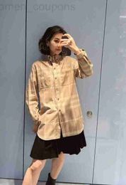 Women's Blouses & Shirts designer European Early Autumn New Style British Classic Light Apricot Plaid Silk Poplin Shirt E6OM