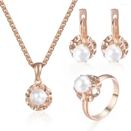 Necklace Earrings Set 585 Rose Gold Colour Pearl Ring Pendant For Women Girls Jewellery Fashion Woman Gifts KGE142