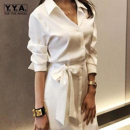 Casual Dresses Office Ladies White Shirts Dress Party Maxi Long Sexy High Split Women Belted Slim Waist Boyfriend Shirt235w