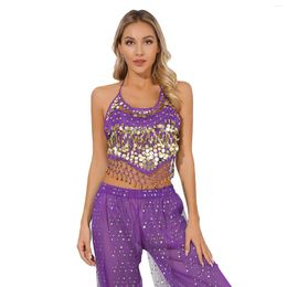 Stage Wear Womens Sequin Bells Belly Dance Tops Halloween Role Play Performance Costume Lace-up Sleeveless Irregular Hem Crop Top