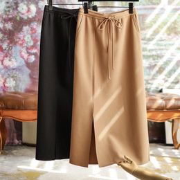 Skirts Stretch Acetate Straight Bustier Long Skirt Autumn 2023 Solid Color Open Fork Workplace Sexy Half Formal Temperament