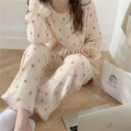 Women's Sleepwear Peach Print Women Pyjama Sets Lace Long Pants Suit 2 Pieces Piiama Ruffle Korean Style Full Sleeve Autumn Night Wears