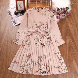 Girl Dresses 2023 Spring Teenage Girls Floral With Belt Casual Kid Long Sleeve Princess Costume Party Dress Children Clothes