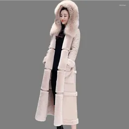 Women's Fur Winter Faux Leather Coat Hooded Parka Female Fashion X-Long Jacket Thick Warm Wool Sheep Overcoat 867