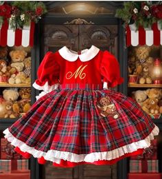 Girls Dresses 012Y Baby Girl Autumn Winter Red Velvet Plaid Bear Embroidery Vintage Spanish Princess Ball Gown Dress for Christmas Eid Causal 231030