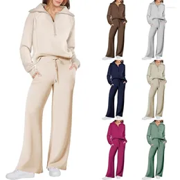 Women's Tracksuits Two Piece Outfits Matching Sets Zipper Long Sleeve Hoodie Pullover Tops And Wide Leg Pants Tracksuit Set Dropship