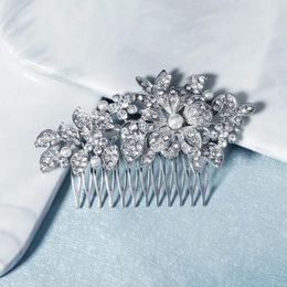 Hair Clips Sparkly Rhinestone Flower Combs Pearl Headpiece Bridal Hairpins Handmade Floral Headwear Wedding Jewelry