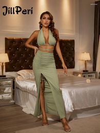 Work Dresses JillPeri Halter Backless Drawstring Green Crop Top&Slit Long Skirts 2 Piece Summer Outfits For Women 2023 Vacation Dress Sets