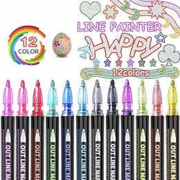 Markers Double line outline pen Colour dream metal 8/12/24 Colour suit hand account fluorescent pen greeting card pen children's graffiti 231030