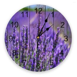 Wall Clocks Purple Lavender Flowers Wooden Texture Clock Modern Design Living Room Decoration Mute Watch Home Interior Decor