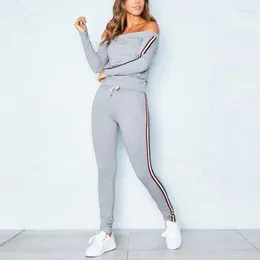 Active Pants Y1UC Women Sexy Off Shoulder Long Sleeve Side Stripe Tops And Pencil Tracksuit
