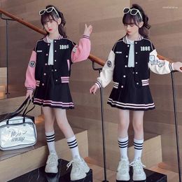 Clothing Sets Teenage Girls Baseball Uniform Autumn Fashion Letter Print Patchwork Jacket Coat Pleated Skirt 2pcs JK Outfits 4-14 Y