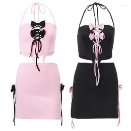 Work Dresses Womens Sexy Solid 2 Pieces Skirt Set Bow Halter Sleeveless Crop Tops Mini