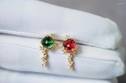 Dangle Earrings Solid 18K Gold Nature Red And Green Tourmaline Diamonds Gemstone 2.4ct Drop For Female Birthday's Presents