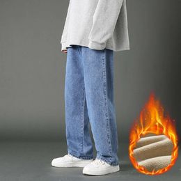 Streetwear Men S Fleece Warm Baggy Jeans New Winter Elastic Waist Straight Wide Leg Pants Male Denim Trousers Black Light Blue