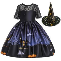 Girls Dresses Dress Halloween Costume For Kids Girl Party Children Pumpkin Lace Witch Printed Cosplay Princess 231030