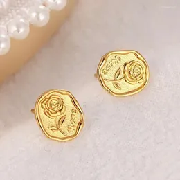 Stud Earrings 24K Yellow Gold Women 999 Rose Flower