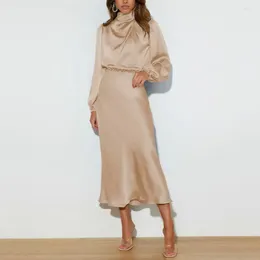 Casual Dresses Women's Dress Half Turtle Neck Satin Long Sleeve Solid Color Hollow Balloon Sleeves Tight Waist Evening Gown Cocktail