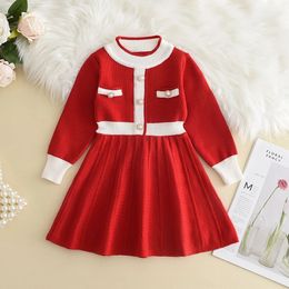 Girls Dresses Knitting Wool Long Sleeve Splicing Dress Spring and Autumn Girl Baby Bow Fashion Christmas Clothes 231030