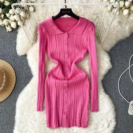 Casual Dresses Sexy Bodycon Lapel Long Sleeve Single Breasted Knit Mini Dress Chic Elegant Vestidos Autumn Women Fashion Hip Wrap