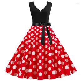 Casual Dresses Polka Dot Print Vintage Women Summer Dress Black Patchwork Sleeveless V Neck Elegant Party Robe Midi