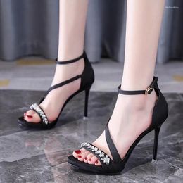 Sandals Summer Open Toe Rhinestone One Line Buckle Thin High Heels Waterproof Platform Banquet Dress Versatile Womens ShoesU9TDc531